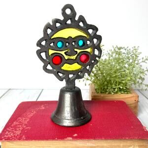 Vintage Pewter Tone & Stained Glass Sun Catcher Bell Face Knobler Taiwan 5" Tall